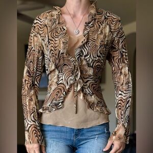 Vintage Ruffle Tie Blouse Notations M Brown Black Printed Funky